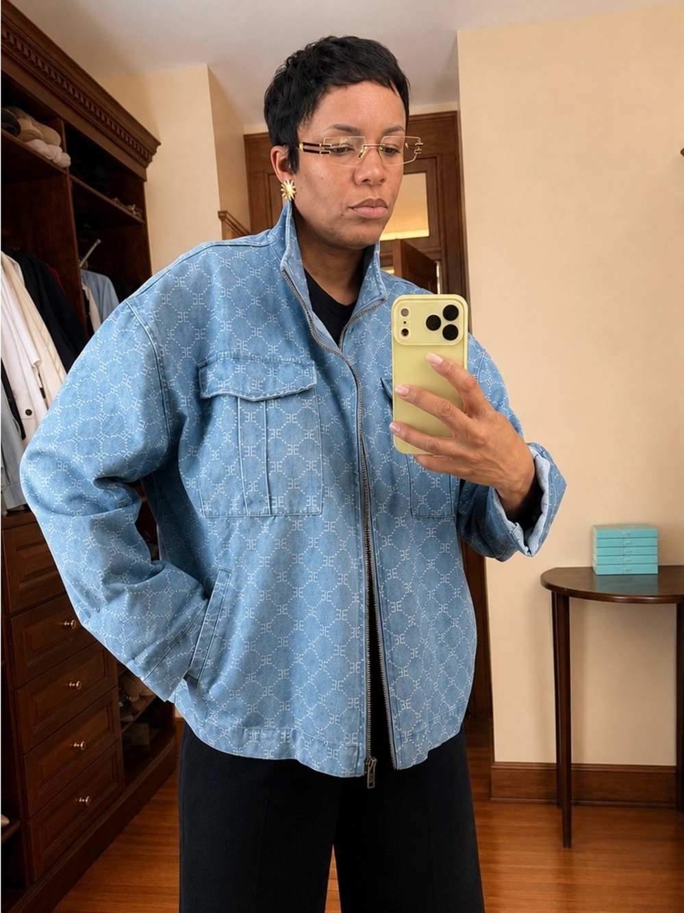 EllandEmm Light Blue Denim Monogram Zip-Front Jacket